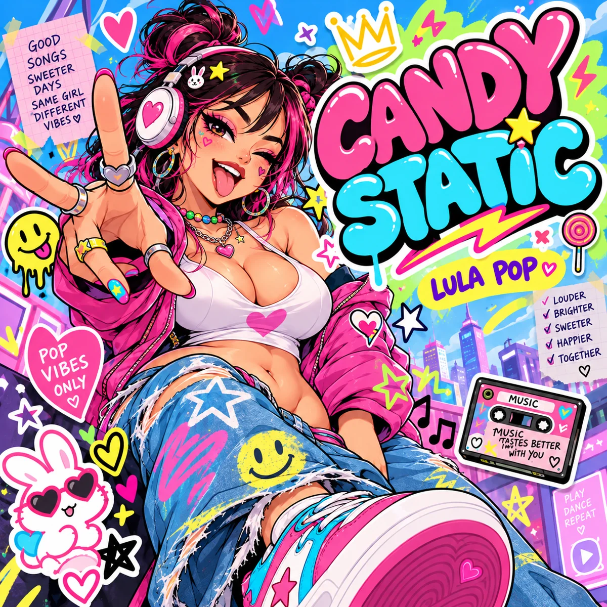Colorful pop-art album cover with illustrated artist and pink and cyan bubble lettering