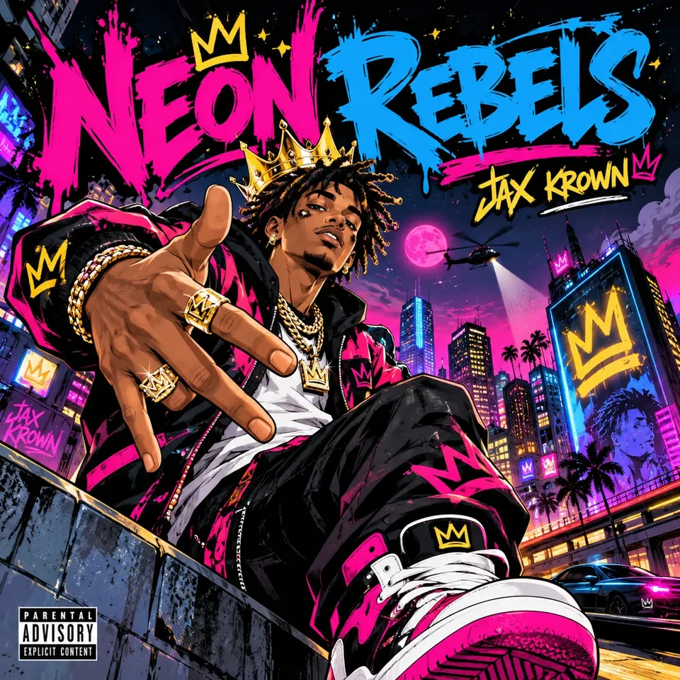 Bold neon cartoon-style music cover illustration from MK95's concept portfolio