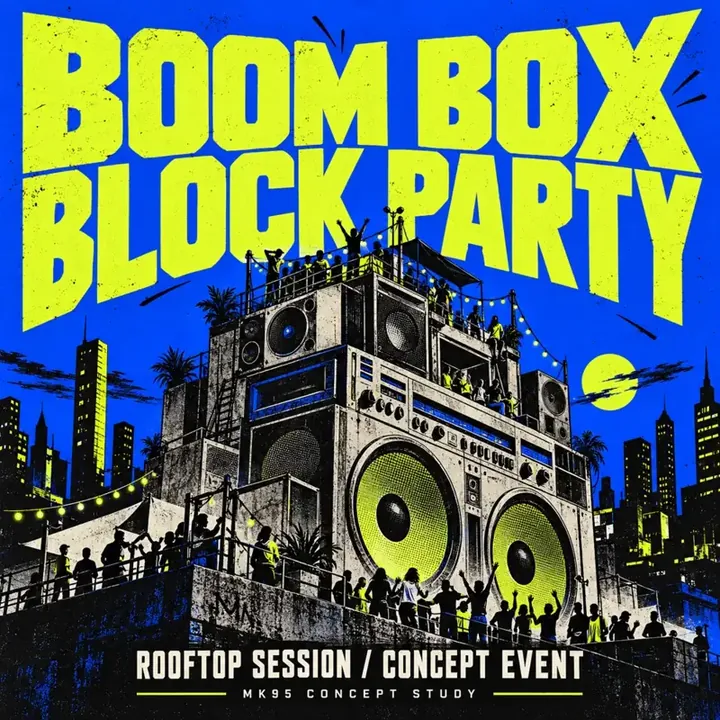 Illustrated blue and green event flyer with rooftop boombox