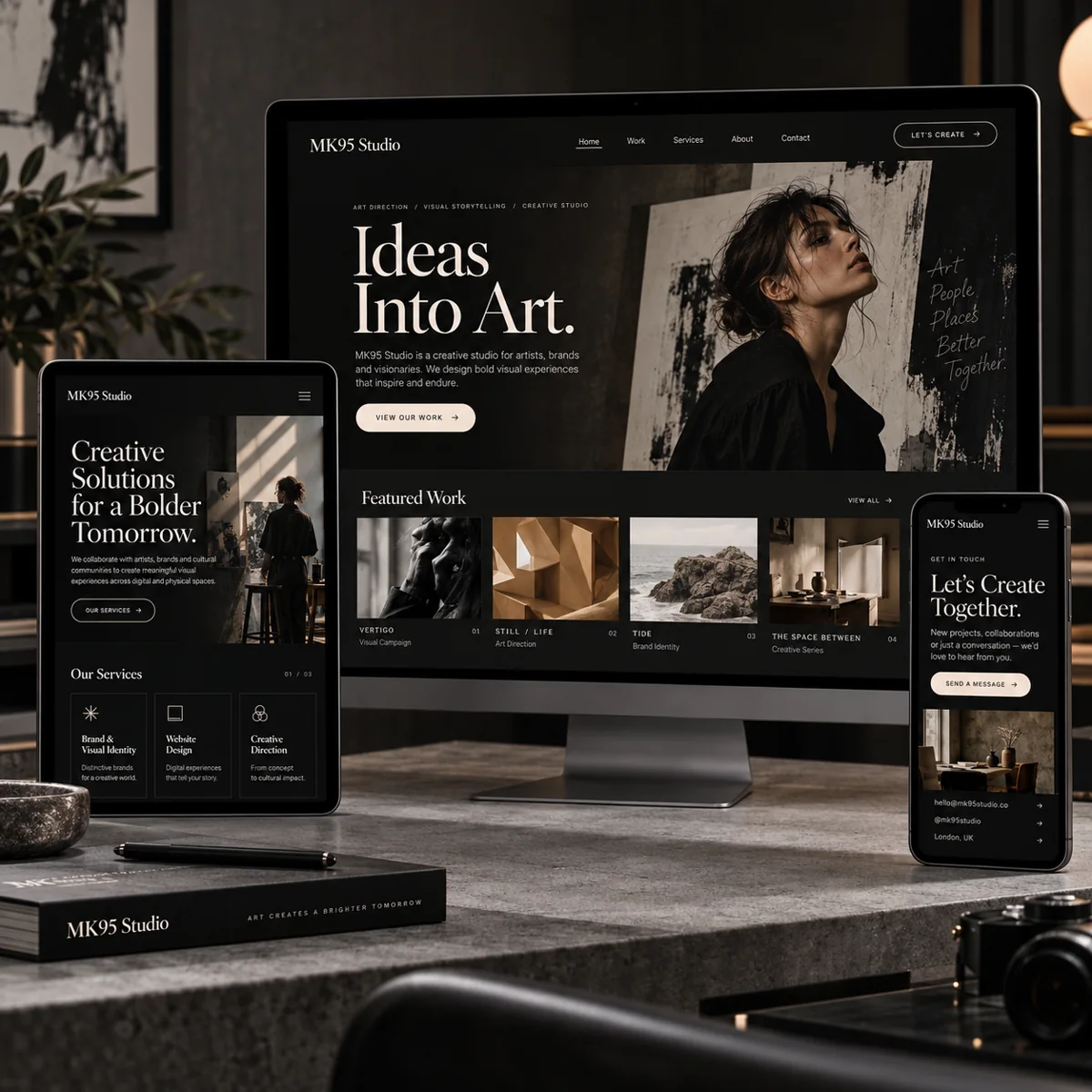 MK95 independent website visual mockup across devices